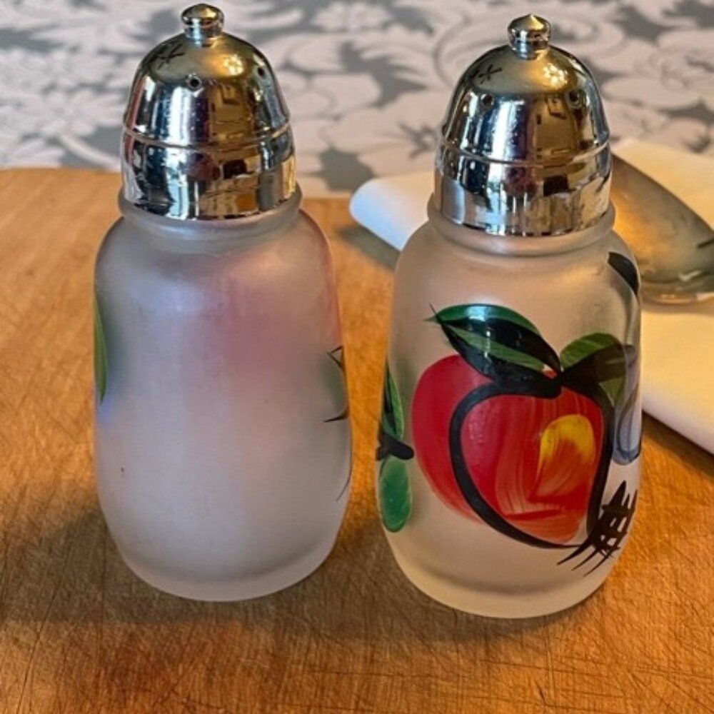 Colorful Vintage Frosted Glass Salt and Pepper Shakers with Fruit - Picture 5 of 10
